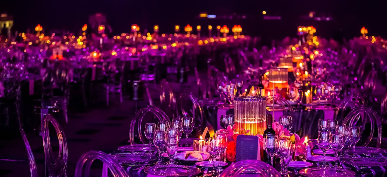 Reception stage, backdrop and photo-corner setups.